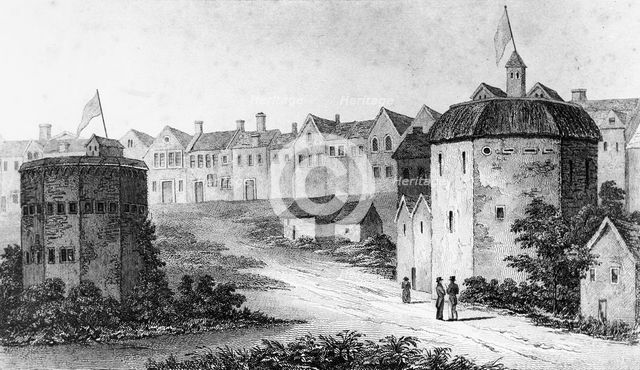 Globe Theatre, Bankside, Southwark (right) and the Bear Garden, c1597 (1825). Artist: Unknown