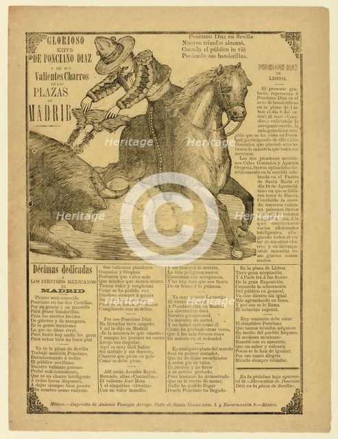 Glorious Success of Ponciano Díaz and His Brave Charros in the Bull Rings of Madrid, 1889. Creator: Manuel Manilla.