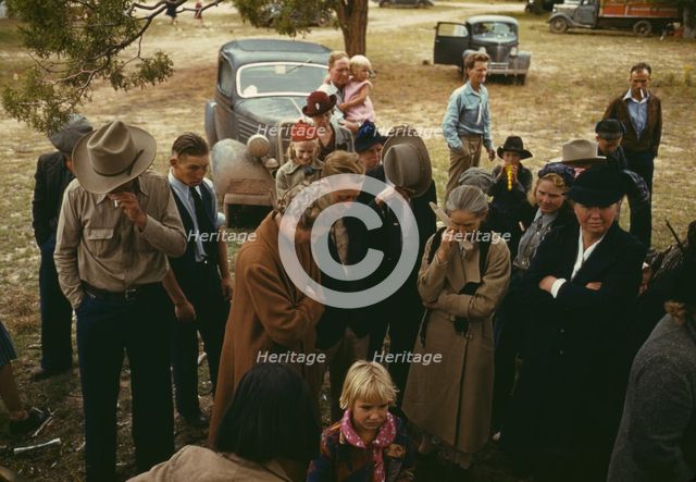 Grace was said before the barbeque was served at the Pie Town, New Mexico Fair, 1940. Creator: Russell Lee.