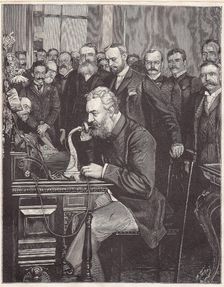 Graham Bell inaugurates the new telephone line from New York to Chicago, 1892. Creator: Thiriat, Henri (1843-1926)