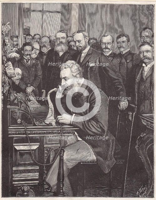 Graham Bell inaugurates the new telephone line from New York to Chicago, 1892. Creator: Thiriat, Henri (1843-1926).