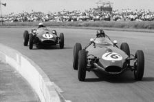Graham Hill and Jack Brabham racing in the XI British Grand Prix, Silverstone, July 1958