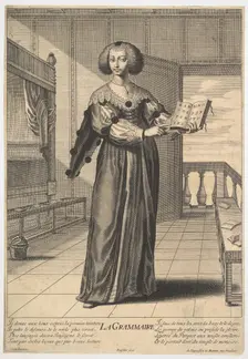 Grammar: a young woman standing in a decorated interior holding an open book in her lef..., 1633-35. Creator: Gilles Rousselet