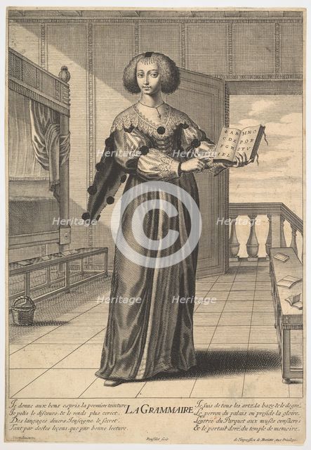 Grammar: a young woman standing in a decorated interior holding an open book in her lef..., 1633-35. Creator: Gilles Rousselet.
