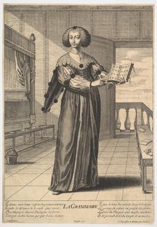 Grammar: a young woman standing in a decorated interior holding an open book in her lef..., 1633-35. Creator: Gilles Rousselet
