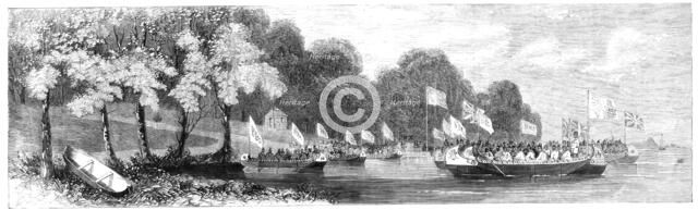 Grand canoe reception given to the Prince of Wales on the St. Lawrence, 1860. Creator: Unknown.