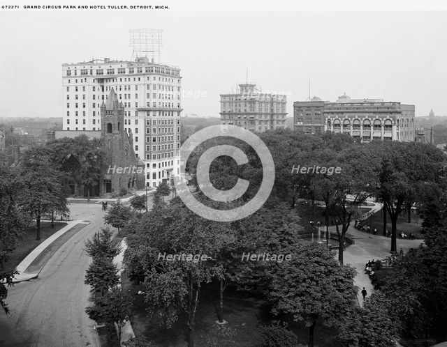 Grand Circus Park and Hotel Tuller, Detroit, Mich., between 1900 and 1920. Creator: Unknown.
