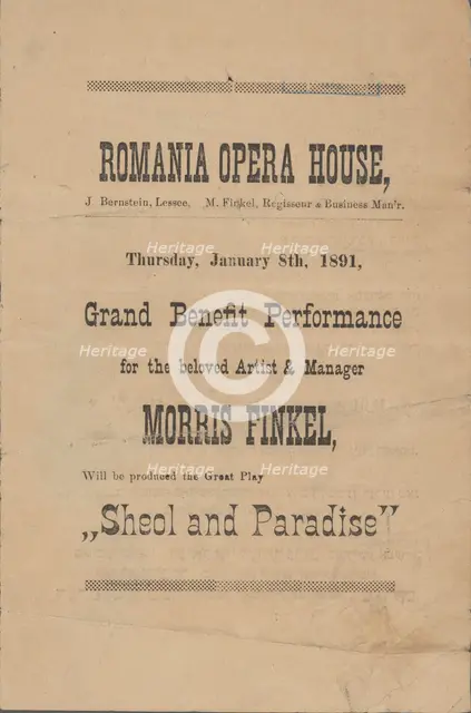 Grand benefit performance for the beloved artist & manager, Morris Finkel..., c1891. Creator: Romania Opera House.