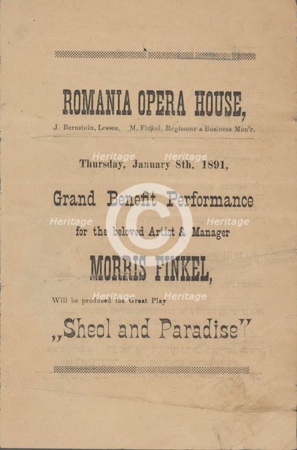 Grand benefit performance for the beloved artist & manager, Morris Finkel..., c1891. Creator: Romania Opera House.