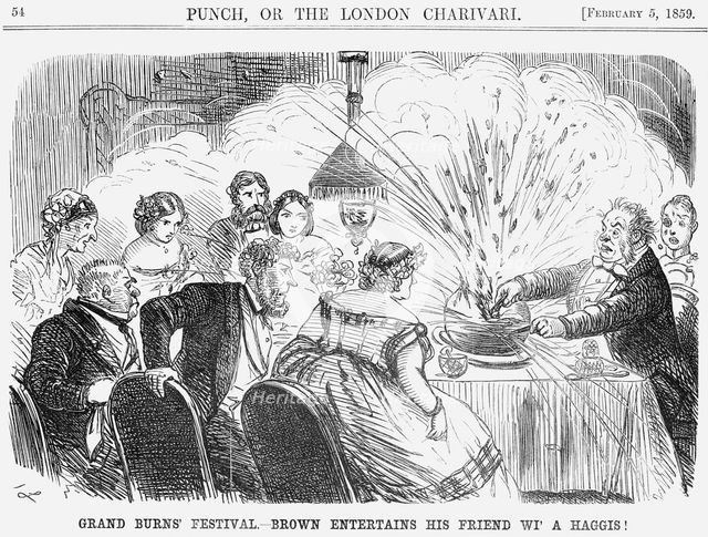 'Grand Burns' Festival. - Brown Entertains his Friend wi' a Haggis!', 1859. Creator: John Leech.