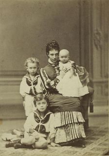 Grand Duchess Maria Fyodorovna with children, Nicholas Alexandrovich, George..., c. 1875. Creator: Hansen, Georg Emil (1833-1891)