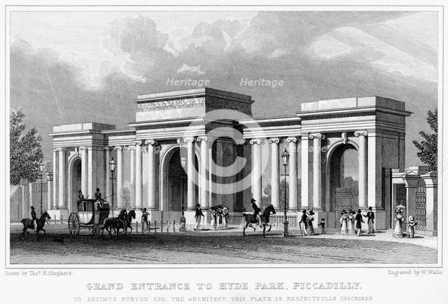 Grand entrance to Hyde Park, Piccadilly, Westminster, London, 19th century.Artist: W Wallis