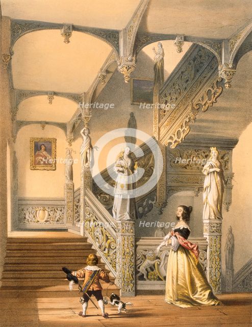Grand Elizabethan staircase, Aldermaston, Berkshire. Creator: Joseph Nash (1809-78).