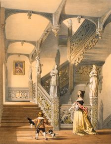 Grand Elizabethan staircase, Aldermaston, Berkshire. Creator: Joseph Nash (1809-78)