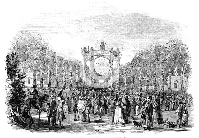 Grand festivities at Harewood House: triumphal arch - procession of tenantry etc, 1845. Creator: Unknown.