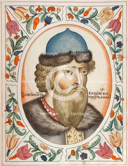 Grand Prince Vladimir II Monomakh of Kiev (From the Tsarskiy titulyarnik (Tsar's Book of Titles), 1672. Artist: Russian Master  