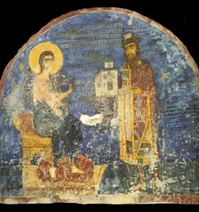 Grand Prince Yaroslav II Vsevolodovich with model of the Nereditsa Church before Christ, 12th centur Artist: Ancient Russian frescos