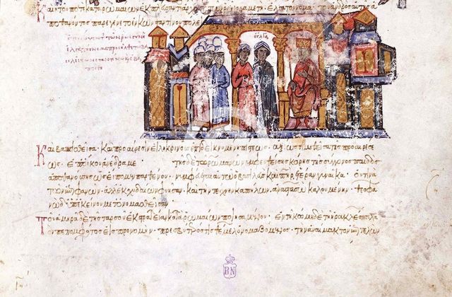 Grand Princess Olga visiting Constantine VII (Miniature from the Madrid Skylitzes), 11th-12th centur Artist: Anonymous  