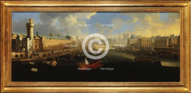 Grande Galerie of the Louvre, with new door, the Pont-Neuf, the city, the college..., around 1665. Creator: Unknown.