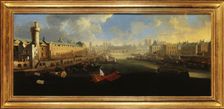 Grande Galerie of the Louvre, with new door, the Pont-Neuf, the city, the college..., around 1665. Creator: Unknown