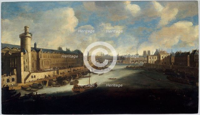 Grande Galerie of the Louvre, with new gate, the Pont-Neuf, the city, College..., around 1665.  Creator: Unknown.