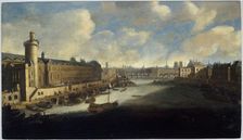 Grande Galerie of the Louvre, with new gate, the Pont-Neuf, the city, College..., around 1665. Creator: Unknown