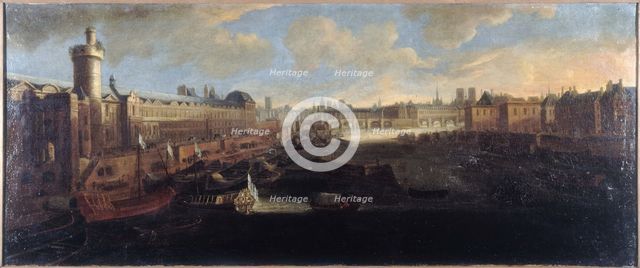 Grande Galerie of the Louvre, with new gate, the Pont-Neuf, the city, the college..., around 1665. Creator: Unknown.