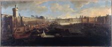 Grande Galerie of the Louvre, with new gate, the Pont-Neuf, the city, the college..., around 1665. Creator: Unknown