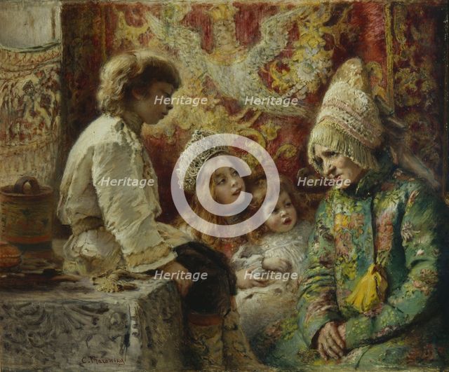 Grandma with Kids (Grandmother's Fairy Tale), 1882. Artist: Makovsky, Konstantin Yegorovich (1839-1915)