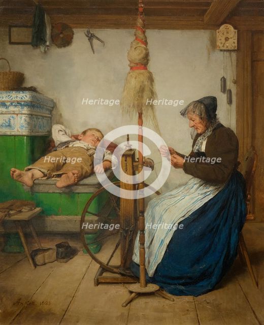 Grandmother at a spinning wheel and a sleeping boy on an oven bench, 1883.