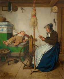 Grandmother at a spinning wheel and a sleeping boy on an oven bench, 1883