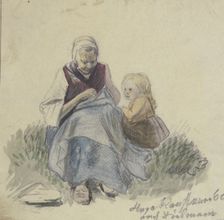 Grandmother sewing, and child, 1860. Creator: Hugo Kauffmann
