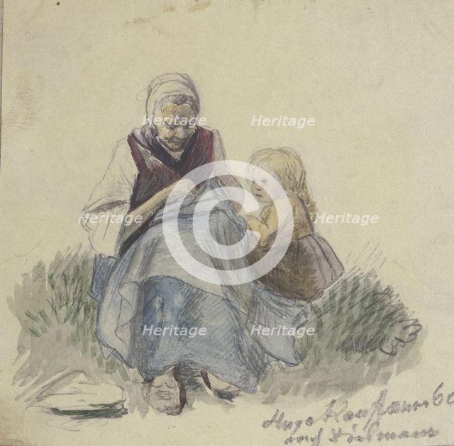 Grandmother sewing, and child, 1860. Creator: Hugo Kauffmann.