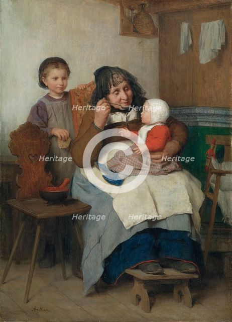 Grandmother spooning the soup to her grandchild, 1868.