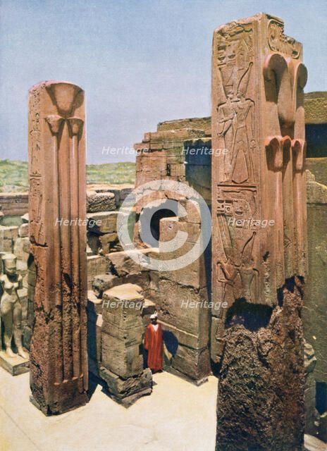 Granite pillars with lotus and papyrus decoration, Temple of Amun-Re, Karnak, Egypt, 20th century. Artist: Unknown
