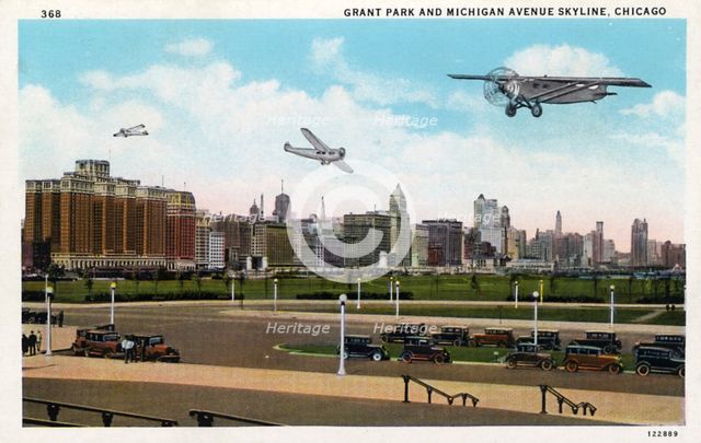 Grant Park and Michigan Avenue skyline, Chicago, Illinois, USA, 1928. Artist: Unknown