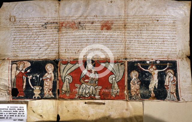  'Granting of indulgences to Virgin de la Rodona of Vic', parchment with an illustration at the b…