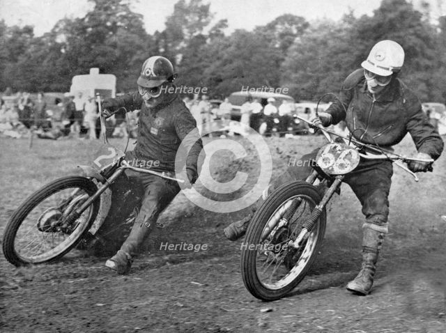 Grass track racing at Bishops Waltham, Coffin and Bungay on Jap motorcycles. Creator: Unknown.