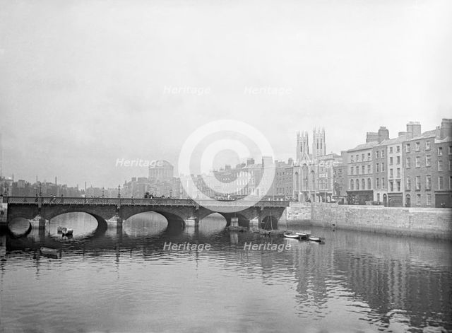 Grattan bridge on the River Liffey and the Ormond Quay Presbyterian Church, Dublin, Ireland, c1898. Creator: Robert Augustus Henry L'Estrange.