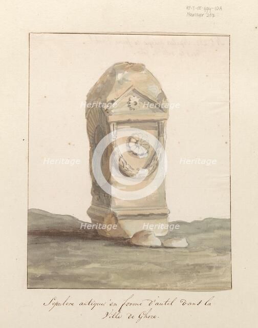 Grave monument in the form of classical altar in the city of Gozo, 1778. Creator: Louis Ducros.