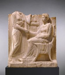 Grave Naiskos of a Seated Woman with Two Standing Women, about 340 BC. Creator: Unknown