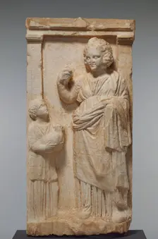 Grave Naiskos of Demainete with an Attendant Holding a Partridge, about 310 BC. Creator: Unknown