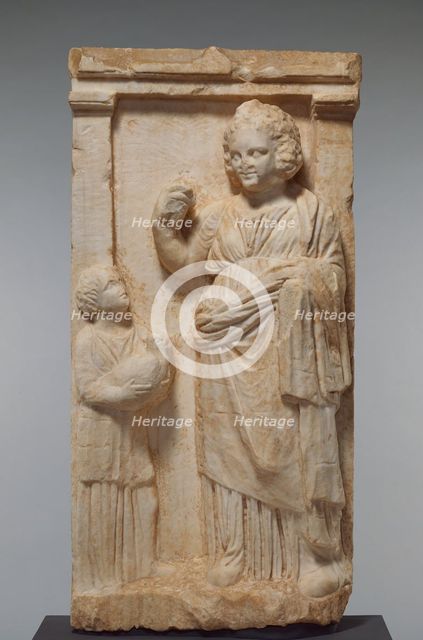 Grave Naiskos of Demainete with an Attendant Holding a Partridge, about 310 BC. Creator: Unknown.