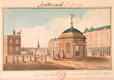 Great Dover Road Turnpike and distant view of St George's Church Southwark, London, 1825. Creator: G Yates