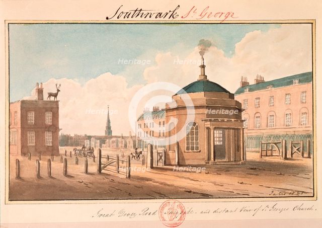 'Great Dover Road Turnpike and distant view of St George's Church', Southwark, London, 1825. Creator: G Yates.