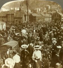 Great market-place of busy Bergen, the flower market N. to the fish market, Norway c1905. Creator: Unknown