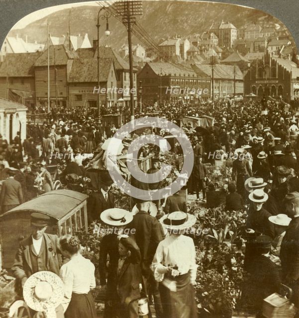 'Great market-place of busy Bergen, the flower market N. to the fish market, Norway', c1905. Creator: Unknown.