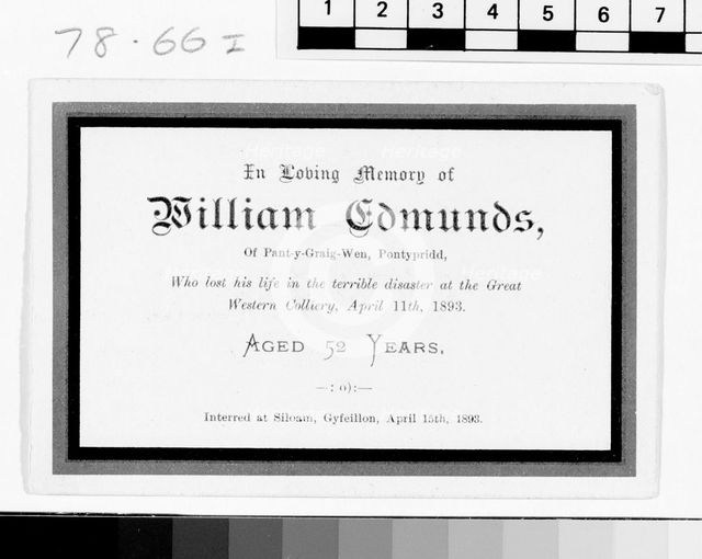 Great Western Colliery, memorial card, 1893. Creator: Unknown.