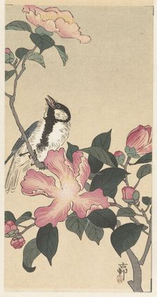 Great tit on branch with pink flowers. Creator: Ohara, Koson (1877-1945)