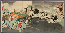 Great Victory of Our Troops at the Fierce Battle of the Ansong Ford (Anjo no watashi..., 1894/95. Creator: Migita Toshihide